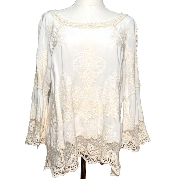 Democracy Cream White Embroidered Lace Open Sleeve Boho Bell Sleeve Top Large - Picture 1 of 9